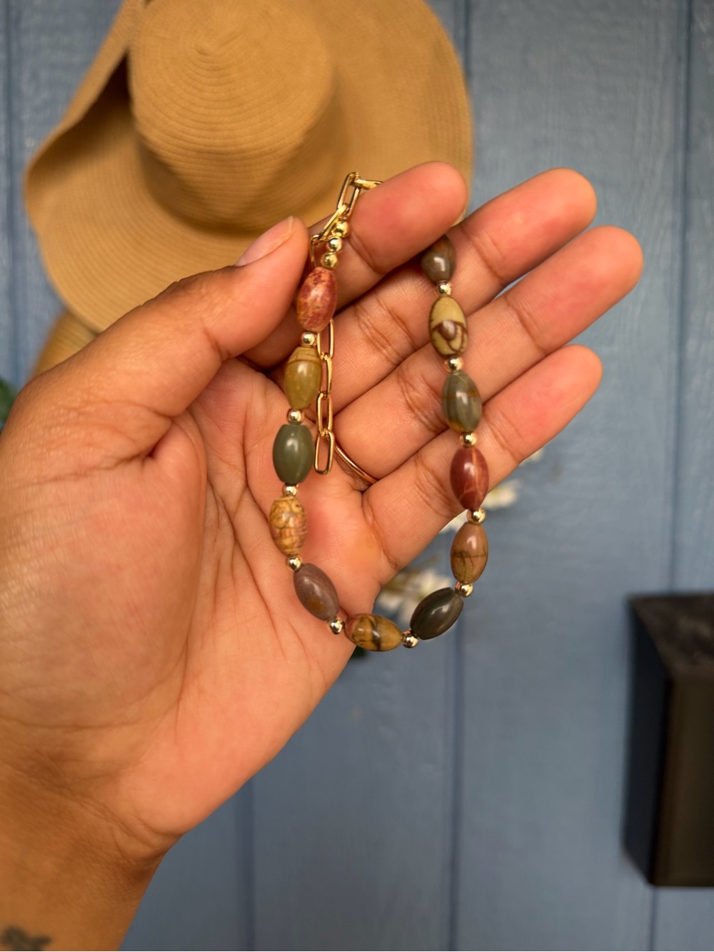 Handcrafted Genuine Jasper Beaded Bracelet - 14k Gold filled Accents